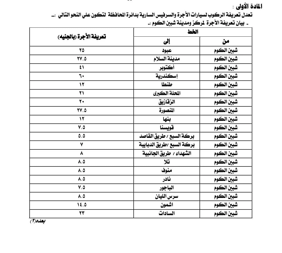 تعريفة المواصلات بالمنوفية